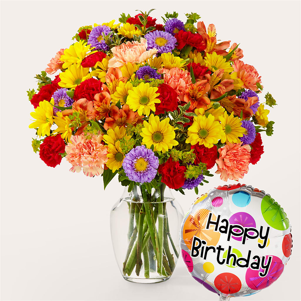Kaleidoscope Bouquet with Birthday Balloon – Sanford Floral Marketing, Sanford FL