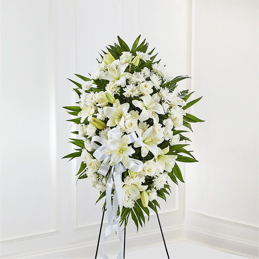 Exquisite Tribute Standing Spray-White Ribbon – Sanford Floral Marketing, Sanford FL